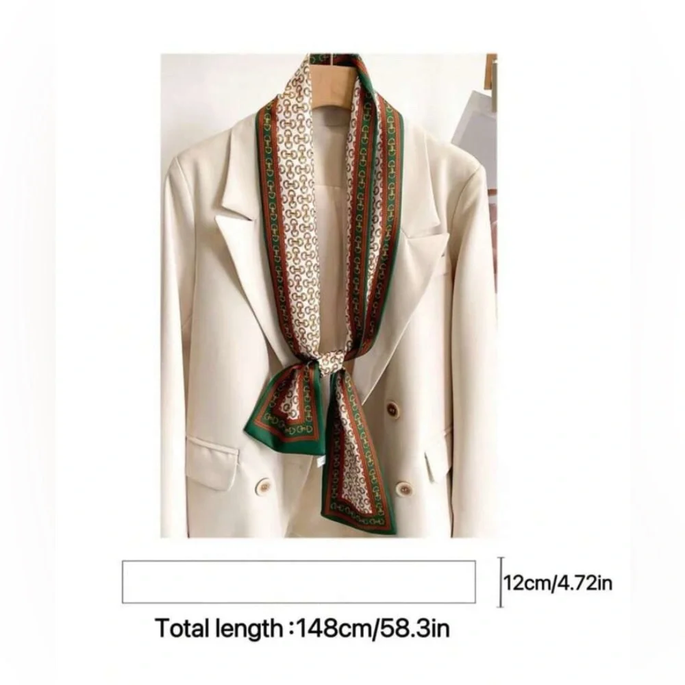 Elegant Cream Patterned Silk Scarf with Green Trim